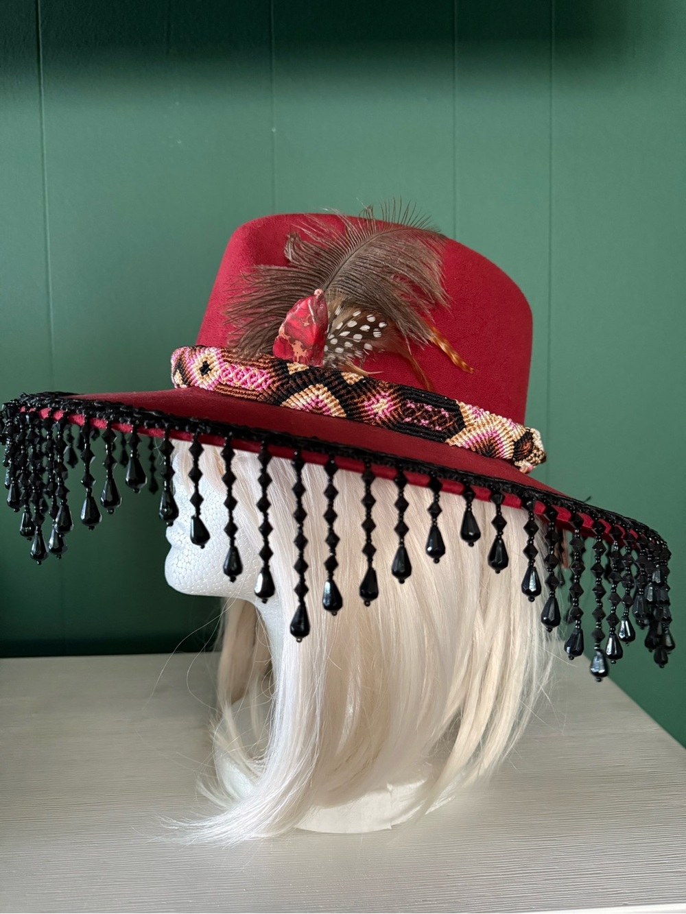 One of a Kind, Hand-Decorated Burgundy Festival Hat Feather Beaded Fringe